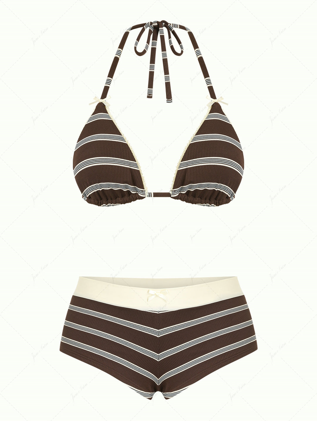 Deep Coffee Striped Lace Bowknot Triangle Top & Two-way Cheeky Boyshorts Bikini Set