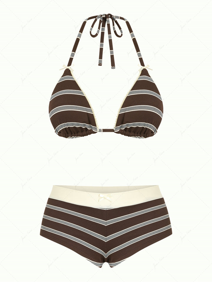 Deep Coffee Striped Lace Bowknot Triangle Top & Two-way Cheeky Boyshorts Bikini Set