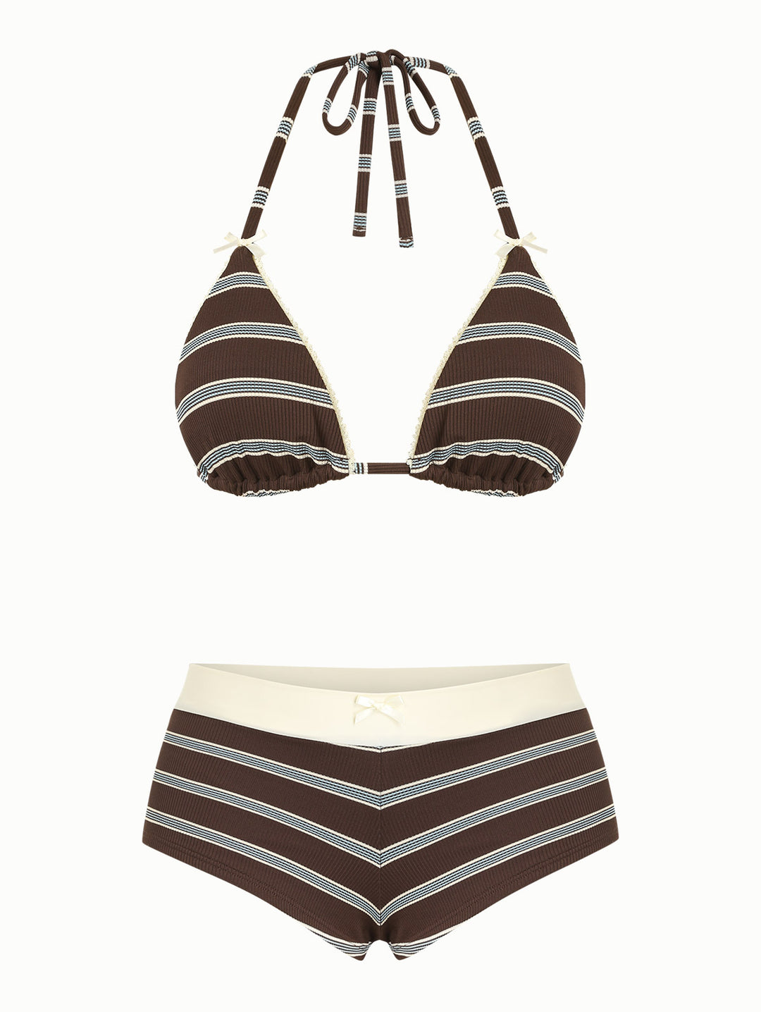 Deep Coffee Striped Lace Bowknot Triangle Top & Two-way Cheeky Boyshorts Bikini Set