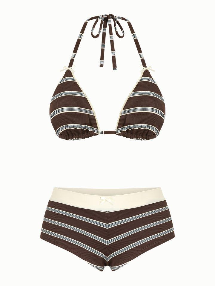 Deep Coffee Striped Lace Bowknot Triangle Top & Two-way Cheeky Boyshorts Bikini Set