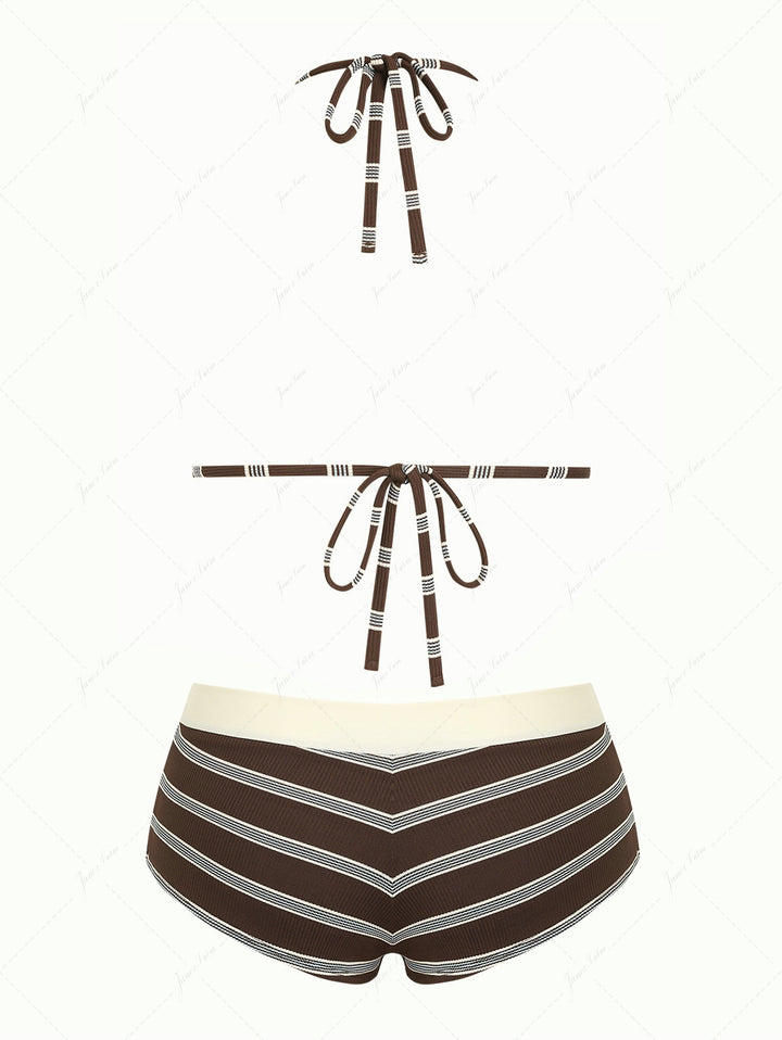 Deep Coffee Striped Lace Bowknot Triangle Top & Two-way Cheeky Boyshorts Bikini Set