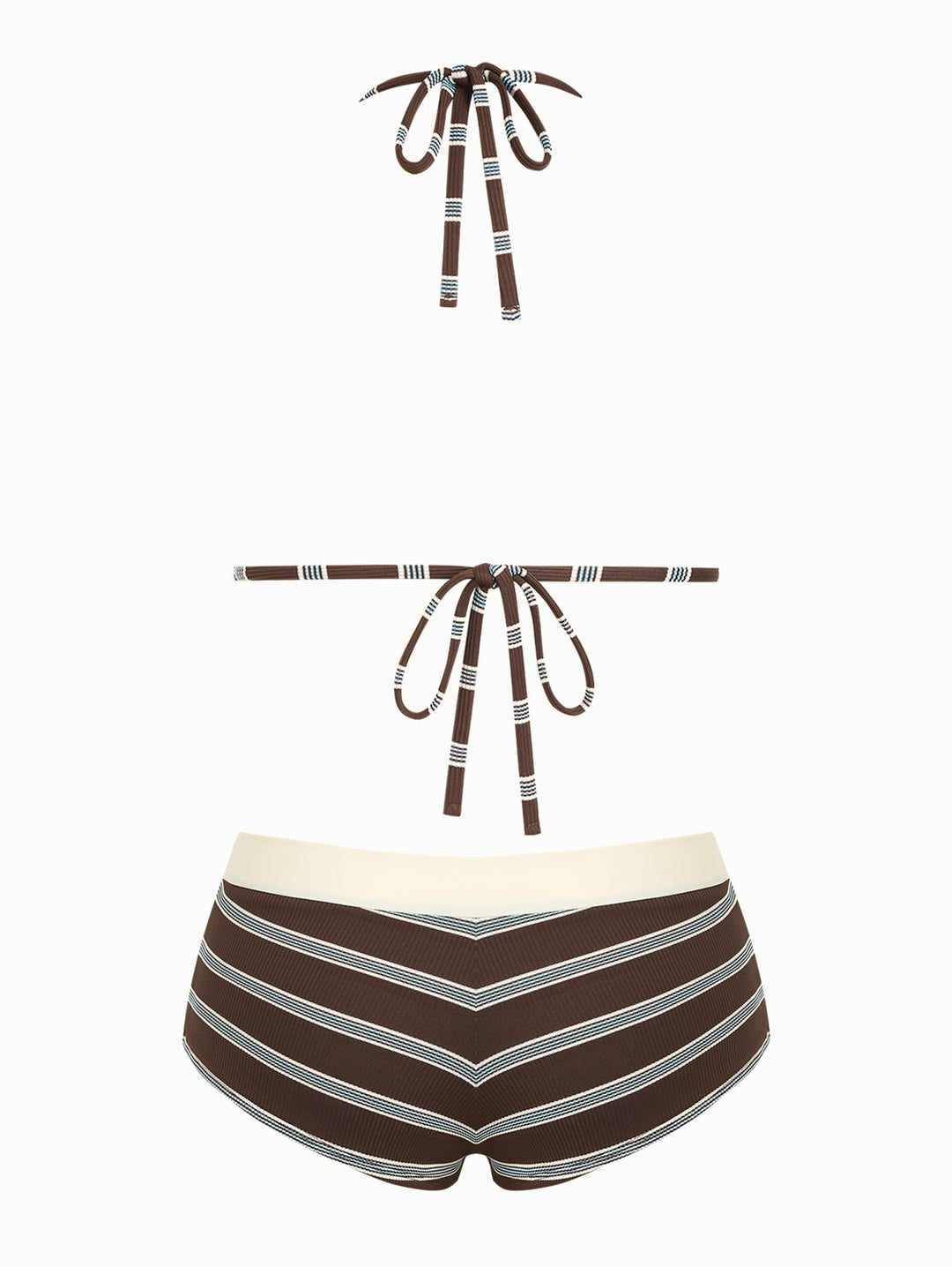 Deep Coffee Striped Lace Bowknot Triangle Top & Two-way Cheeky Boyshorts Bikini Set