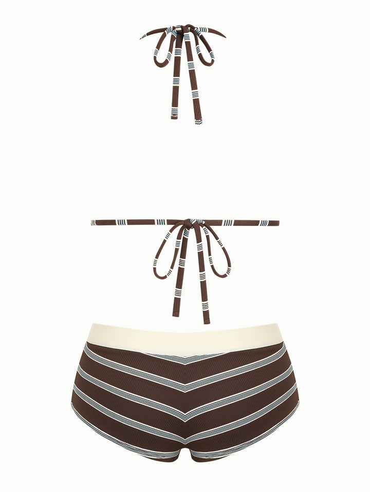 Deep Coffee Striped Lace Bowknot Triangle Top & Two-way Cheeky Boyshorts Bikini Set