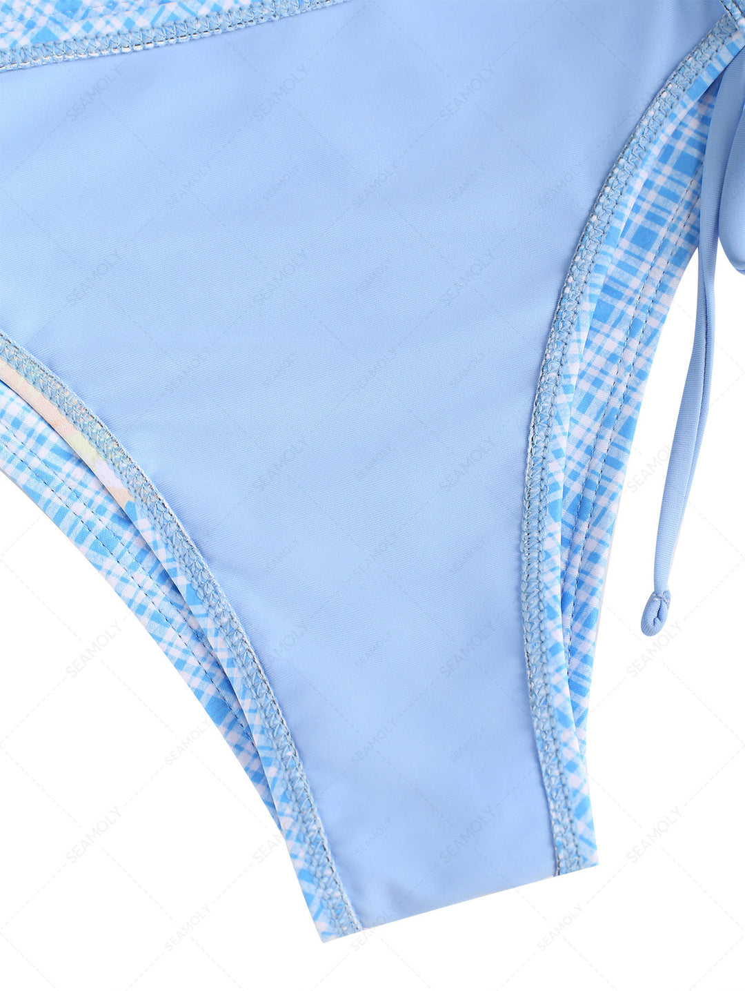 Light Blue Plaid Floral Lace Up Side Coverage Bikini Bottom