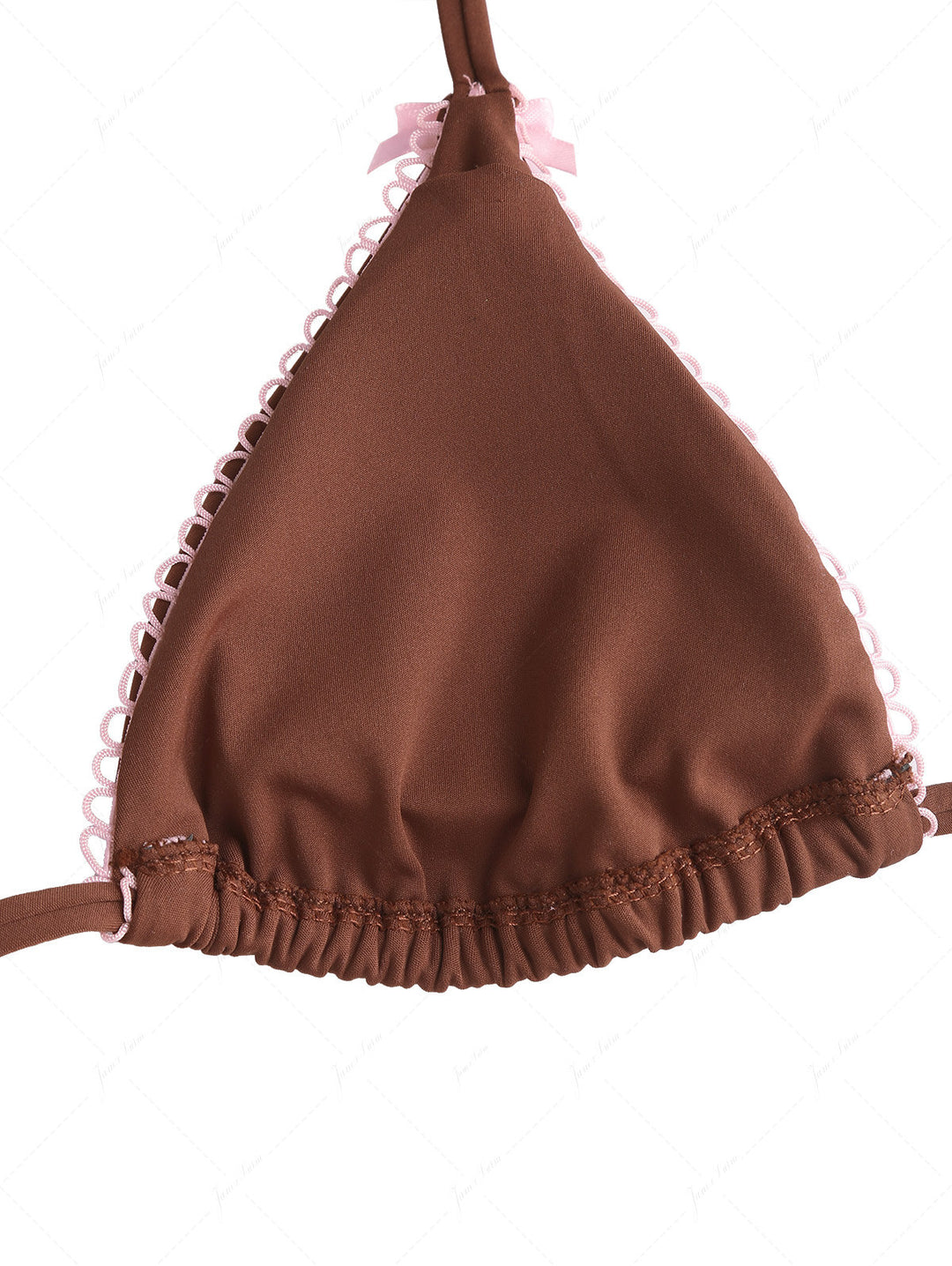 Coffee Contrast Picot Bowknot Halter Triangle Top & Cheeky Brazilian Bottom Bikini Set