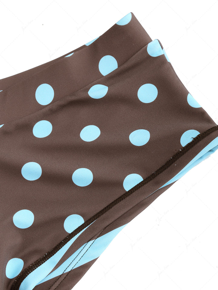 Coffee Striped Polka Dot O Ring Double Top & Cheeky Boyshorts Bikini Set