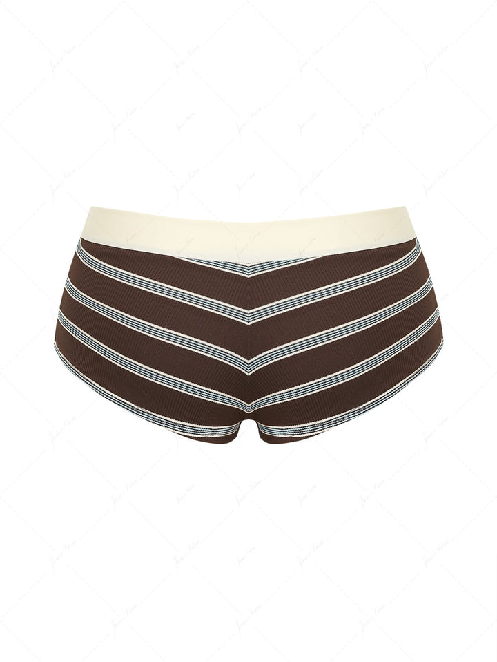 Deep Coffee Striped Two-way Bikini Bottom Cheeky Swim Boyshorts