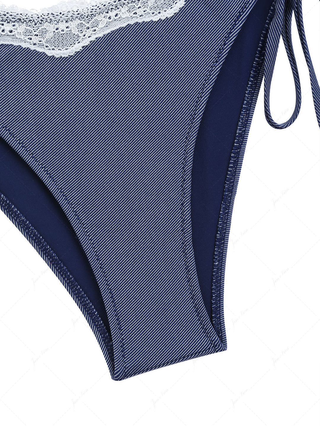 Deep Blue Denim Lace Plunging Neck Halter Tied Tankini Set