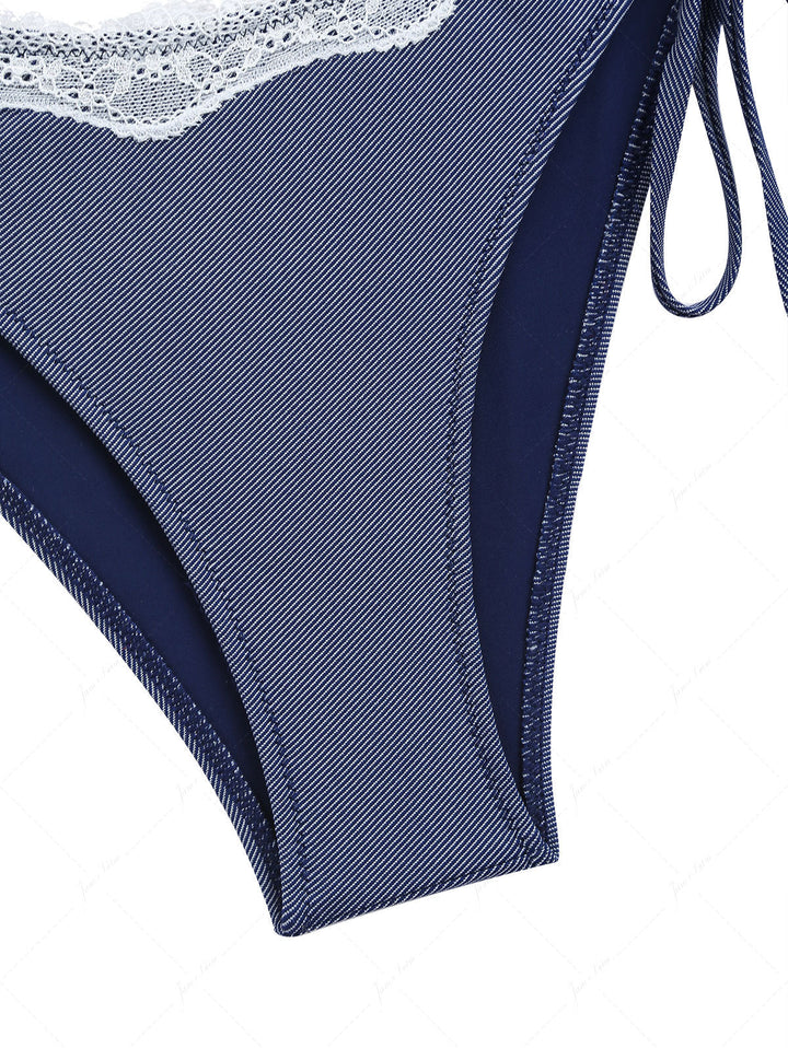 Deep Blue Denim Lace Plunging Neck Halter Tied Tankini Set