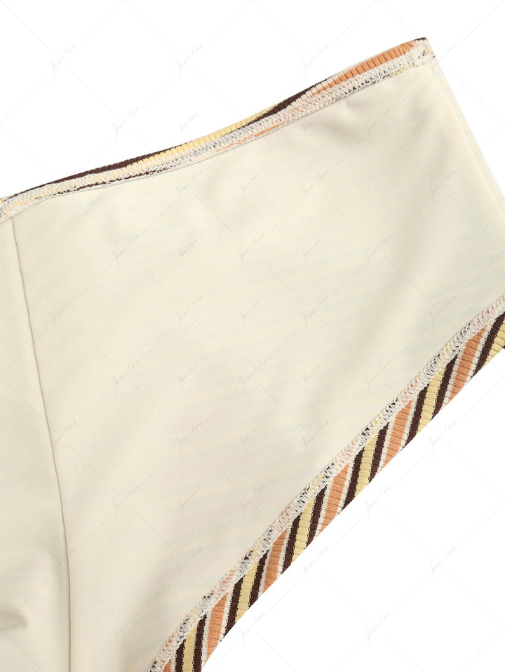 Yellow Ribbed Knit Striped Triangle Push Up Top & Cheeky Boyshorts Bikini Set