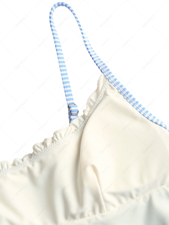 Light Blue Striped Spliced Ruched Ruffles Bowknot Tankini Top