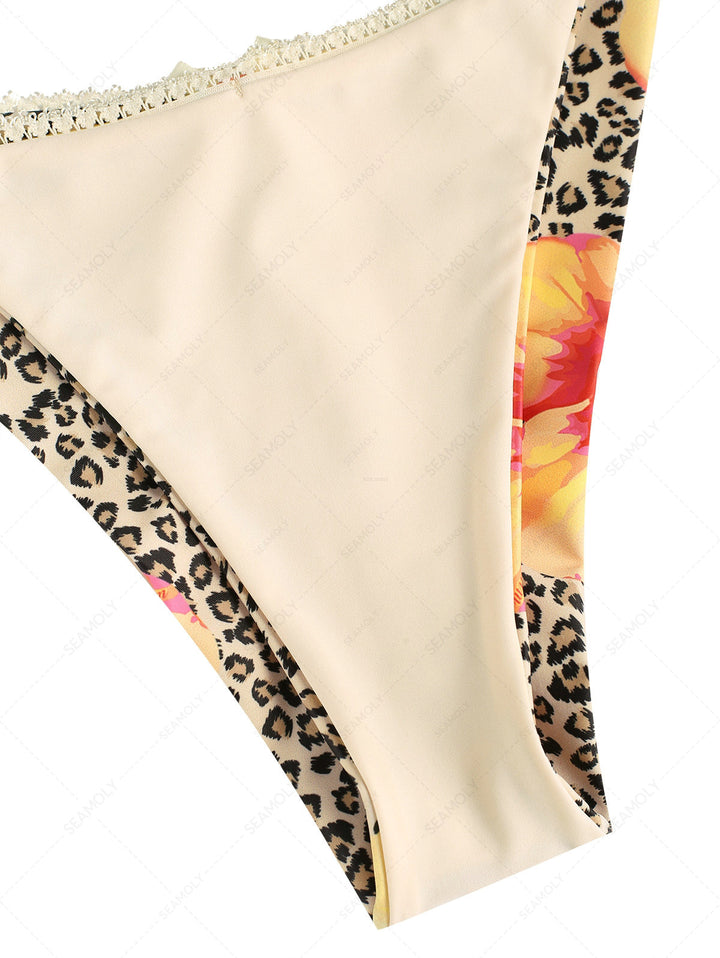 Leopard Floral Print Lace Bowknot Tie Side Cheeky Bikini Bottom