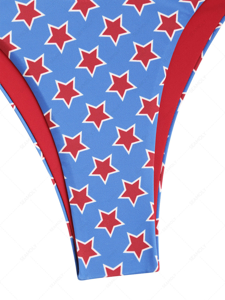Seamolly 3 Piece Swimsuit - Stars Print O Ring Double Layer Bikini Set for 4th of July & Cover Up Skirt