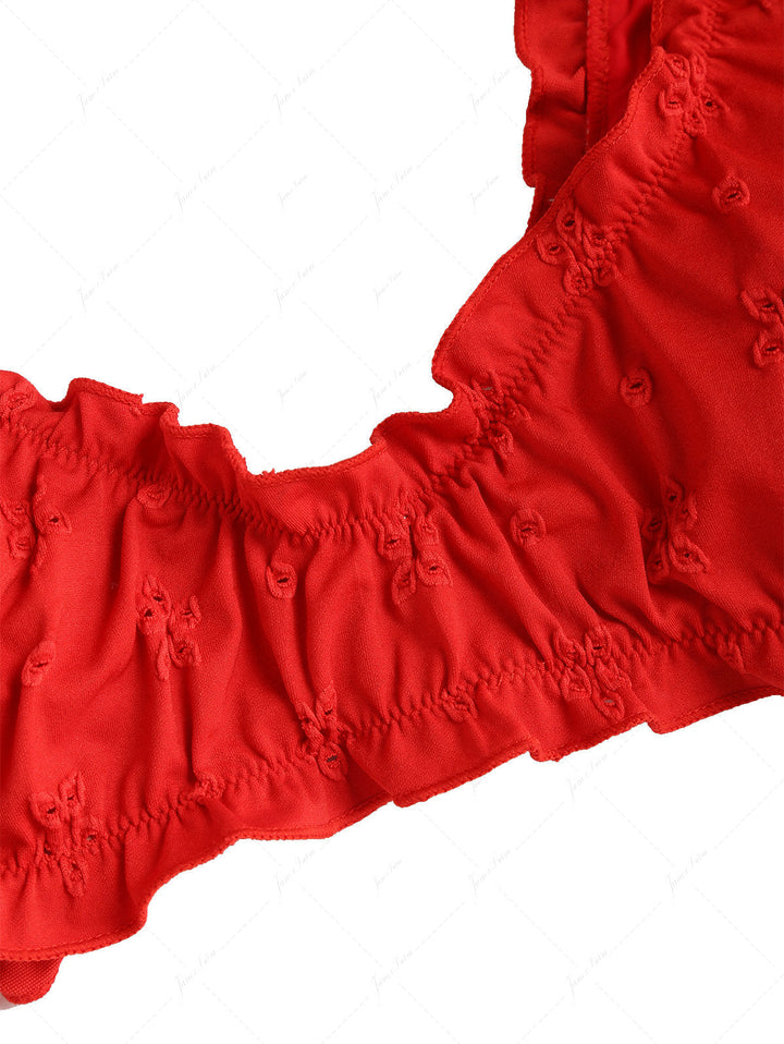 Red Recycled Fabric Jacquard Ruffles Edge Bralette Bikini Set