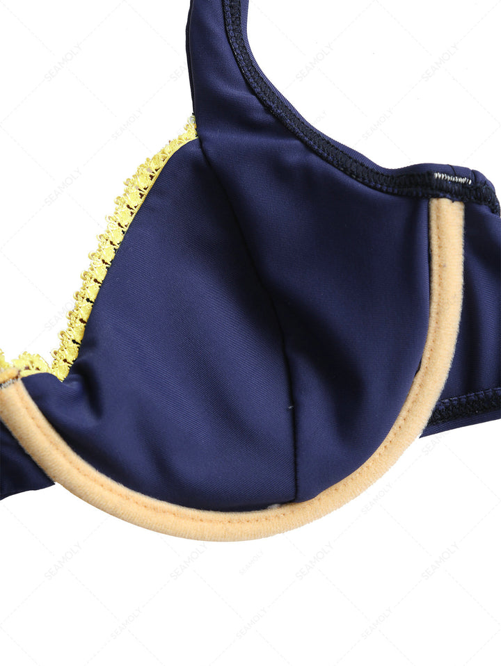 Deep Blue Contrast Lace Bowknot Underwire Bikini Top