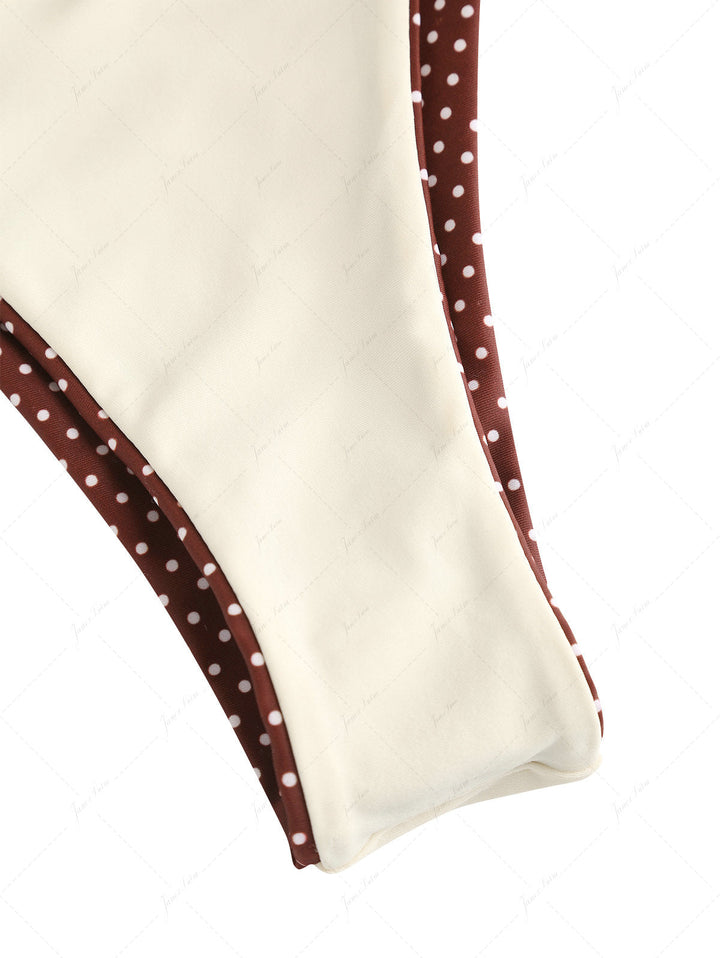 Janex Brown Polka Dot Print Tie Side Double Layer Bikini Set