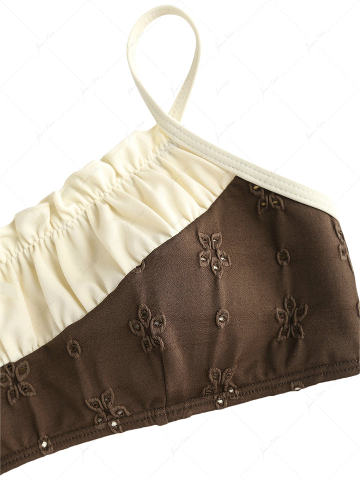 Deep Coffee Recycled Fabric Jacquard Ruched Bowknot Cheeky Boyshorts Bikini Set