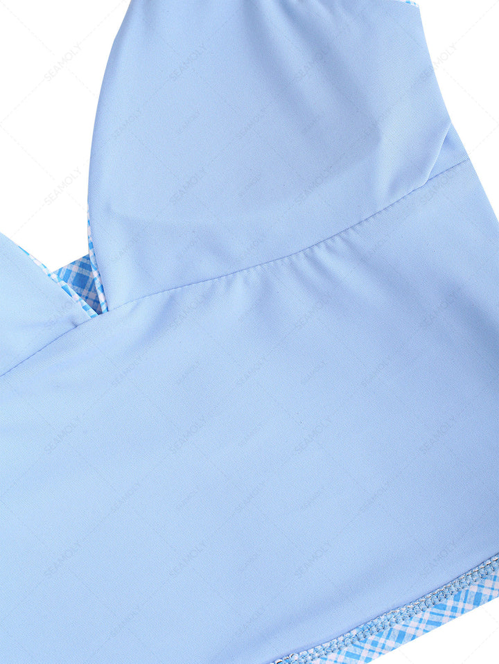 Light Blue Plaid Floral Halter Tied Tankini Top