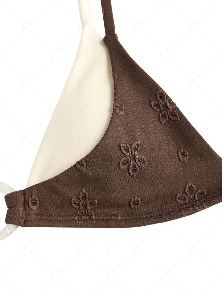 Deep Coffee Recycled Fabric Eyelet Jacquard O Ring Double Layer Top & Cheeky Boyshorts Bikini Set