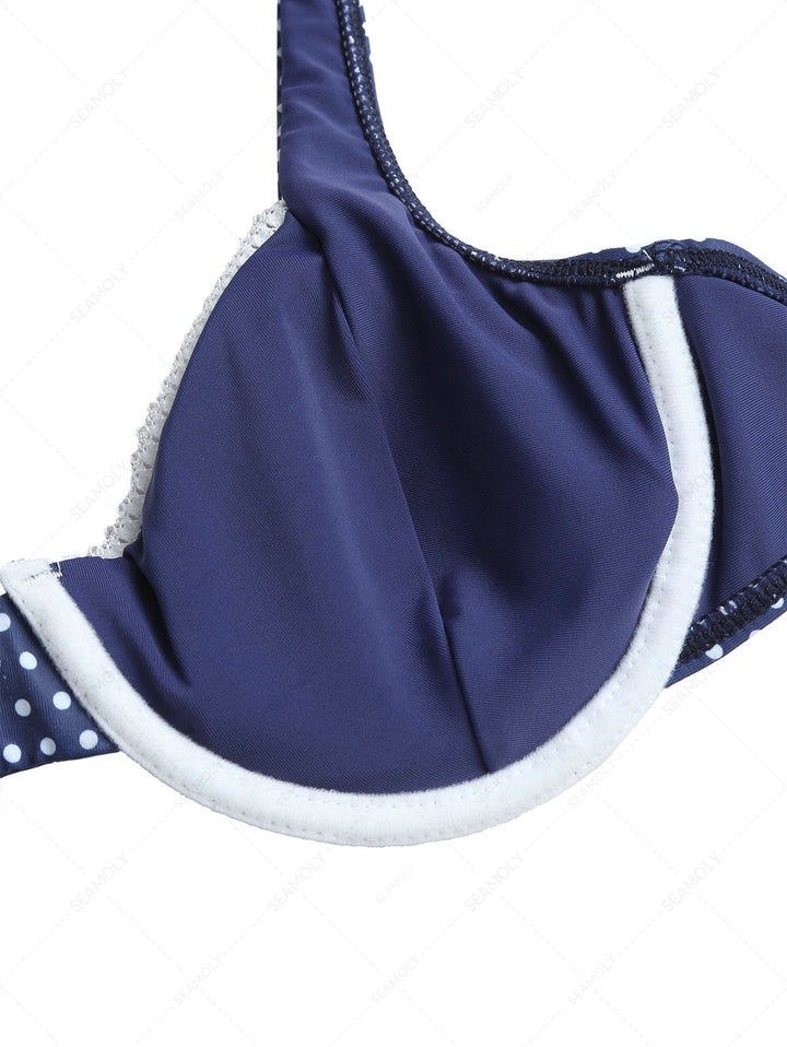 Deep Blue Polka Dot Lace Bowknot Underwire Bikini Top