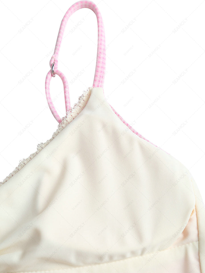 Light Pink Knitted Plaid Lace Bowknot Tankini Top