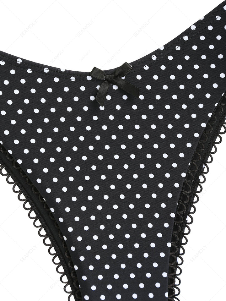Seamolly 3 Piece Polka Dot Picot Bowknot Lace Up Bandeau Cheeky Boyshort Bikini Set