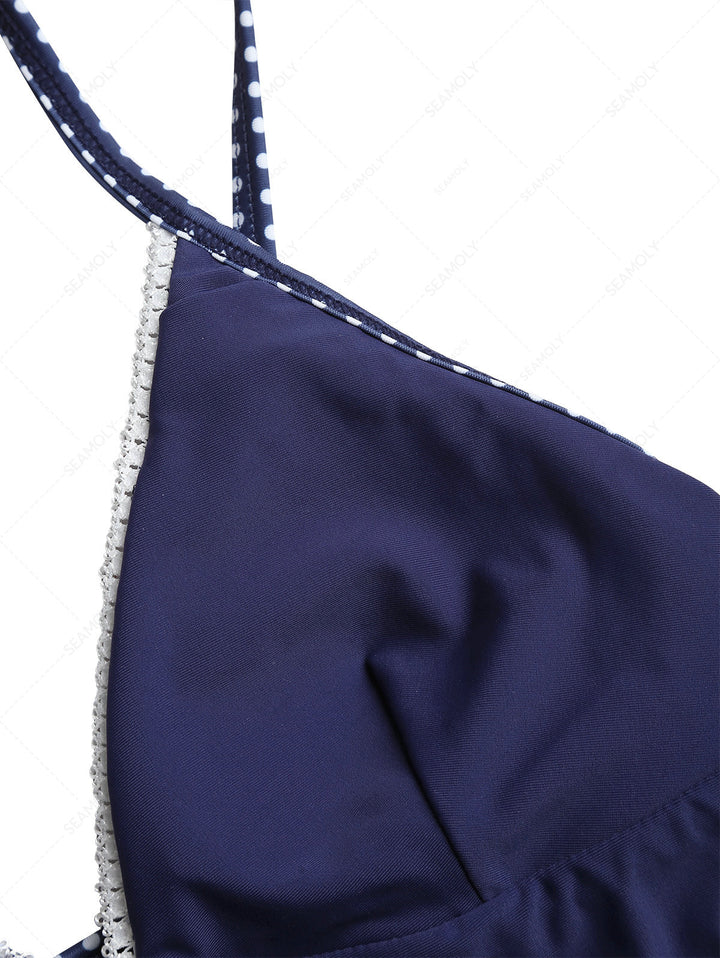 Deep Blue Polka Dot Lace Bowknot Tankini Top