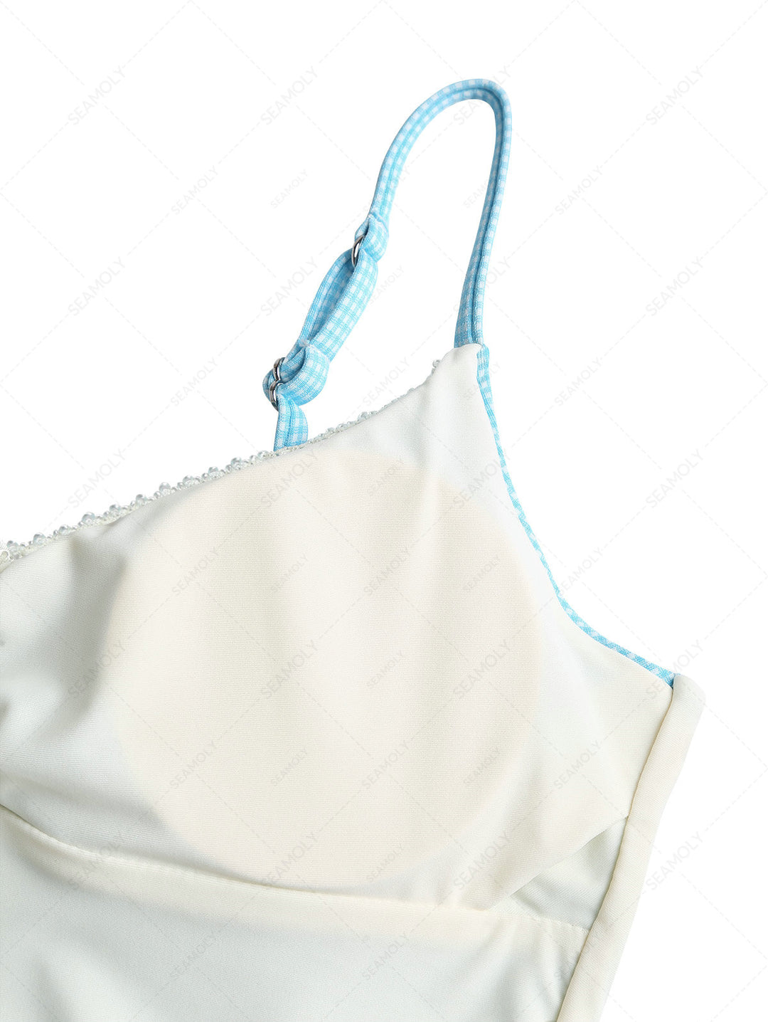 Sky Blue Plaid Ruched Lace Bowknot Cami Tankini Top