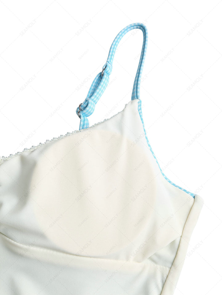 Sky Blue Plaid Ruched Lace Bowknot Cami Tankini Top