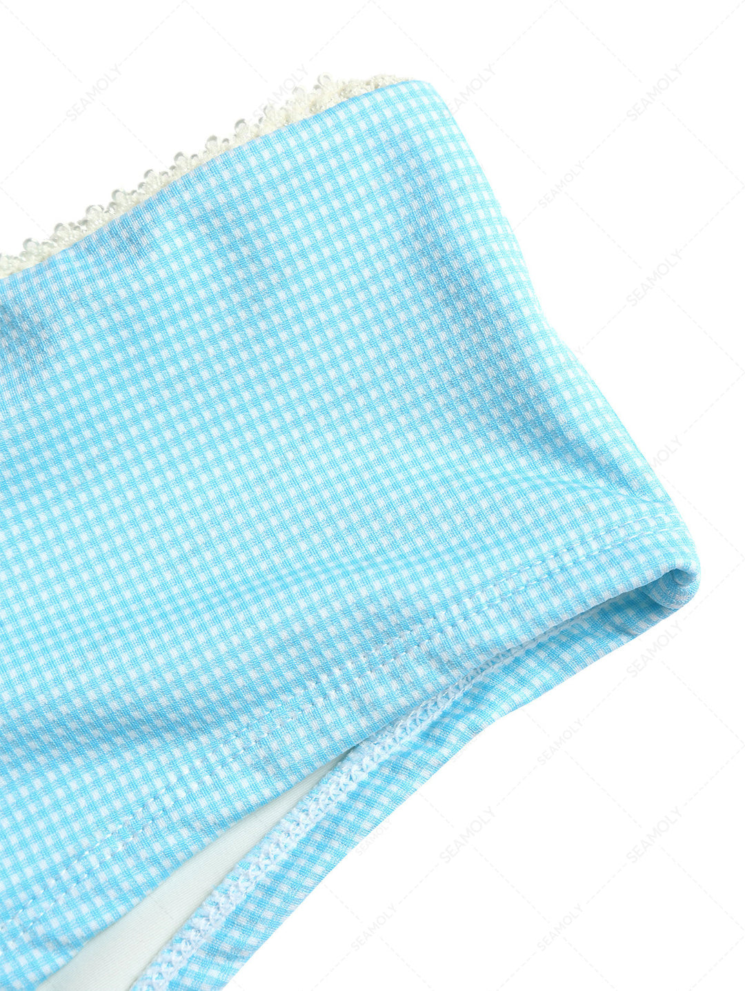 Sky Blue Knitted Plaid Lace Low Rise Beach Swim Bottom Boyshorts
