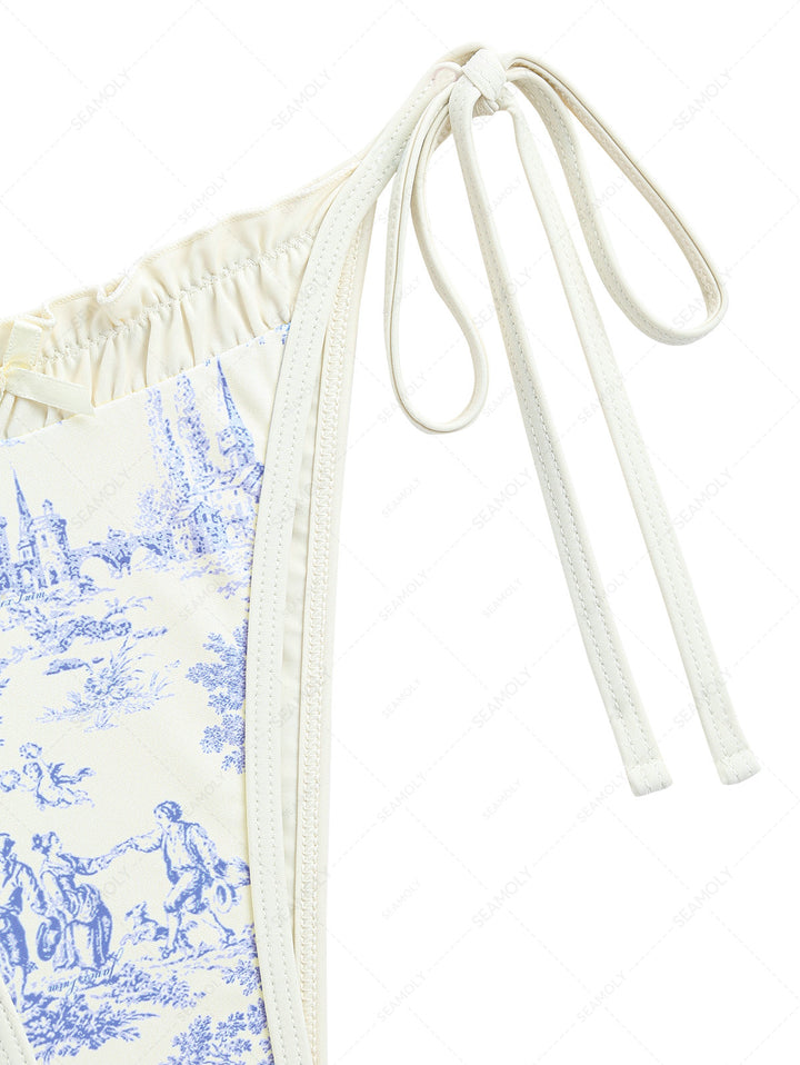 Crystal Cream Toile de Jouy Spliced Ruched Ruffles Cheeky Bikini Bottom