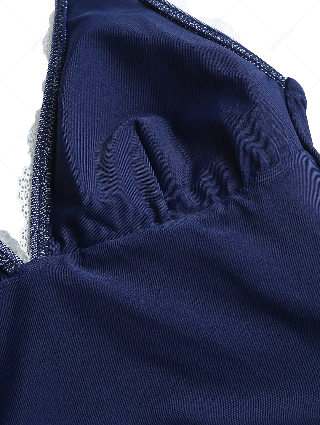 Deep Blue Denim Lace Plunging Neck Halter Tied Tankini Top