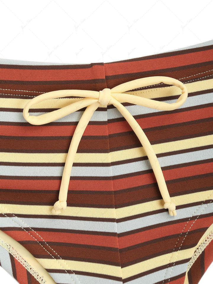 Yellow Ribbed Knit Striped O Ring Double Layer Top & Cheeky Boyshorts Bikini Set