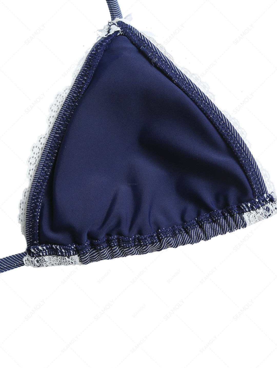 Deep Blue Denim Lace Bowknot Halter Triangle Bikini Top