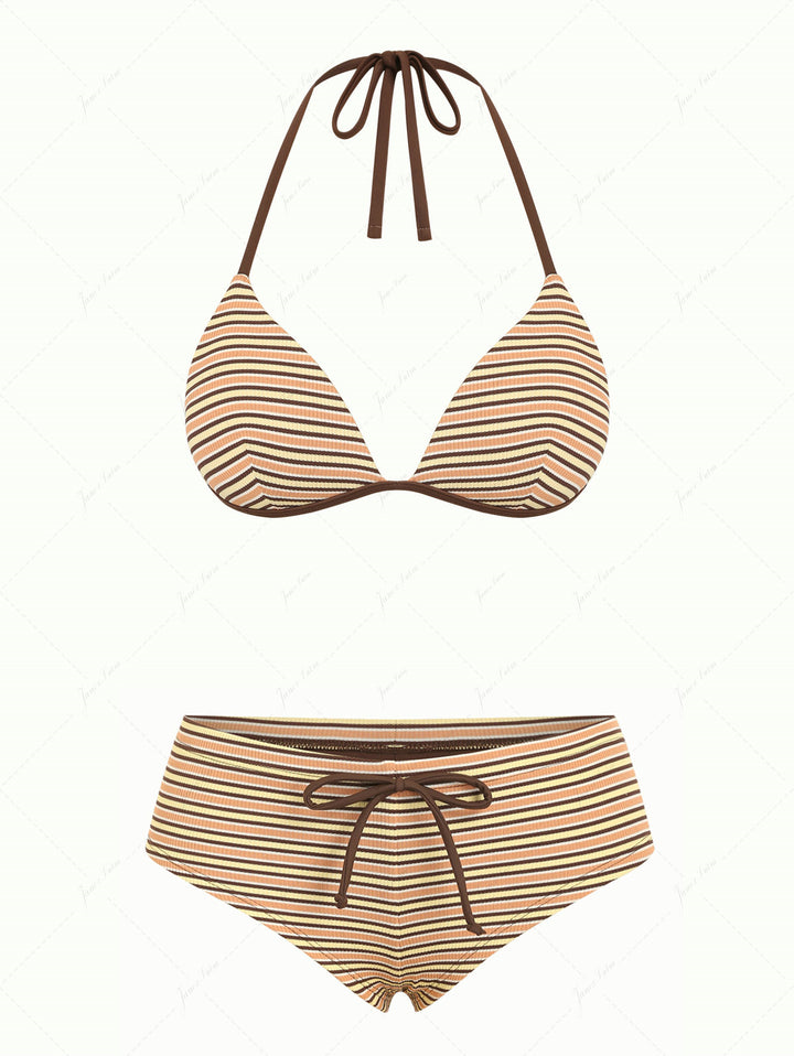 Yellow Ribbed Knit Striped Triangle Push Up Top & Cheeky Boyshorts Bikini Set