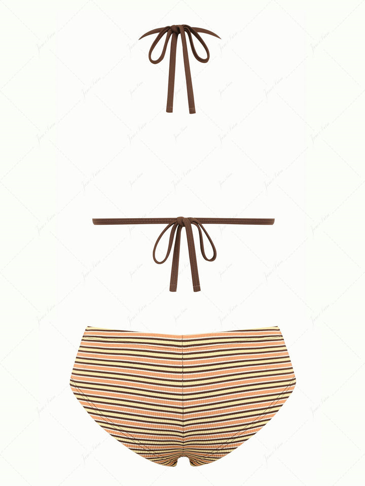 Yellow Ribbed Knit Striped Triangle Push Up Top & Cheeky Boyshorts Bikini Set