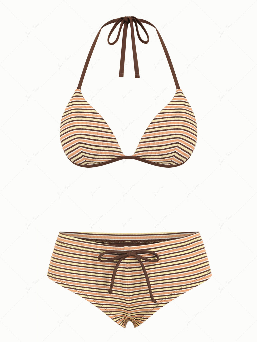 Yellow Ribbed Knit Striped Triangle Push Up Top & Cheeky Boyshorts Bikini Set