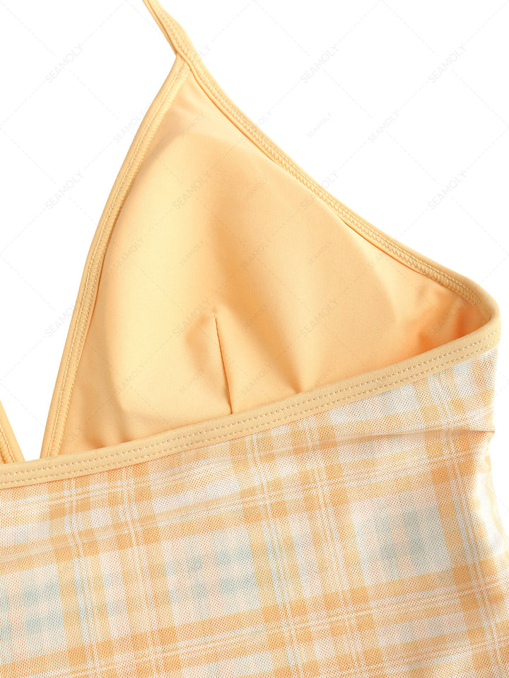 Seamolly Plaid Halter Cutout Tied Side Cheeky Boyshorts Tankini Set
