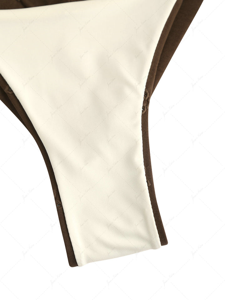 Deep Coffee Recycled Fabric Jacquard Ruched Bralette Top & Cheeky Brazilian Bottom Bikini Set