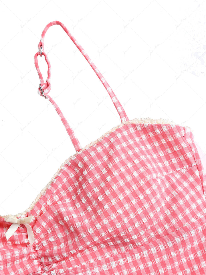 Red Bubble Grid Lace Bowknot Cheeky Tankini Set