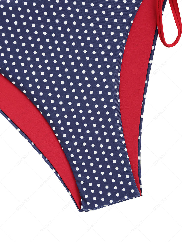 Deep Blue Polka Dot Contrast Cinched Tie Side Hipster Bikini Bottom
