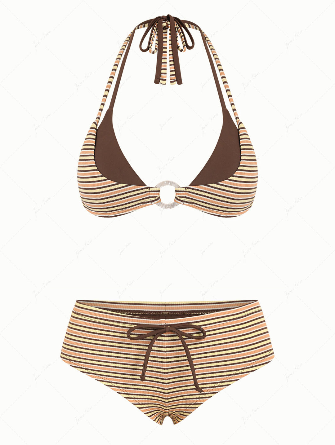 Yellow Ribbed Striped O Ring Double Layer Top & Cheeky Boyshorts Bikini Set