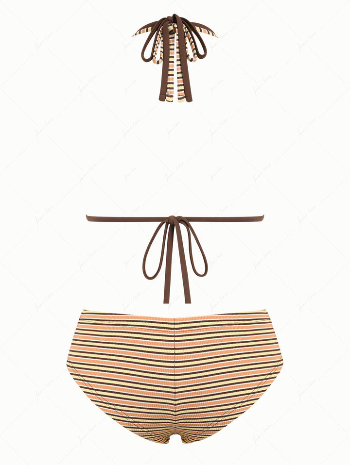 Yellow Ribbed Striped O Ring Double Layer Top & Cheeky Boyshorts Bikini Set