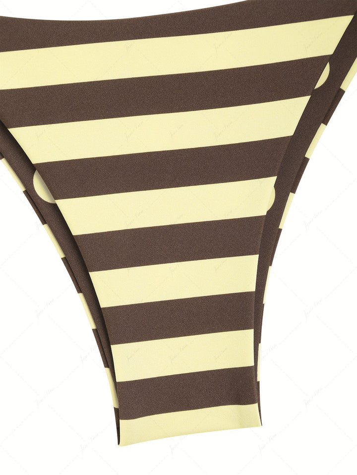 Coffee Striped Polka Dot Halter Tied Top & Cheeky Brazilian Bottom Reversible Tankini Set