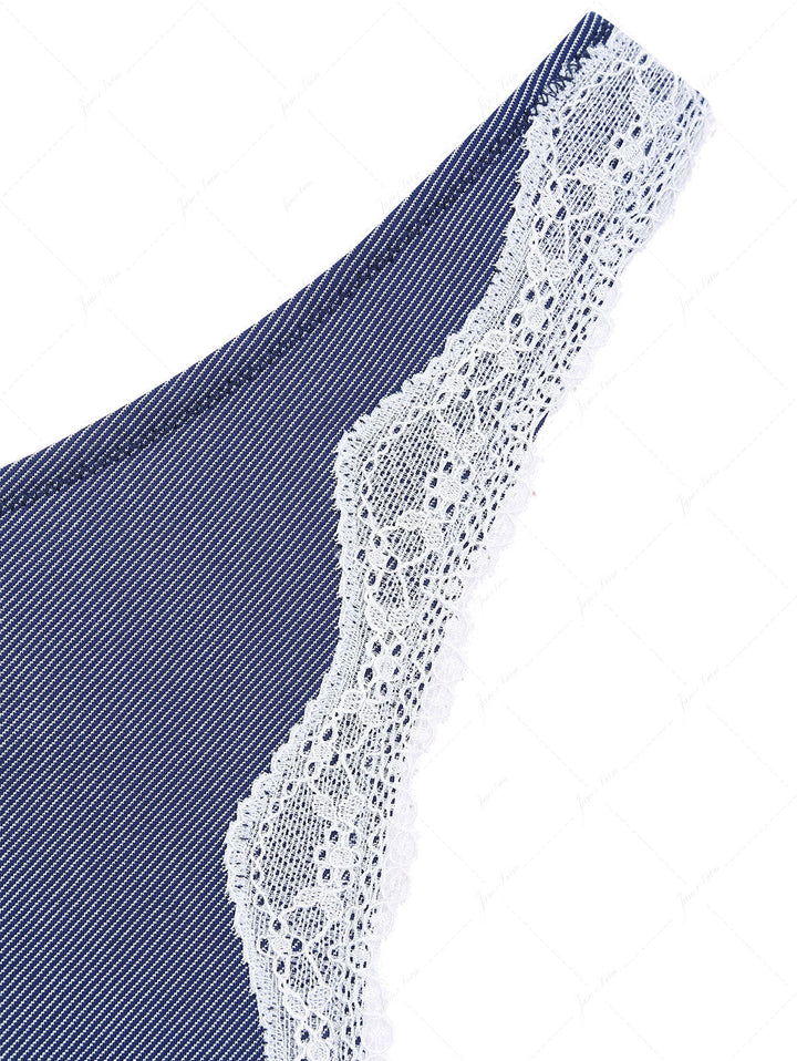 Deep Blue Denim Lace Bowknot Halter Triangle Thong Bikini Set