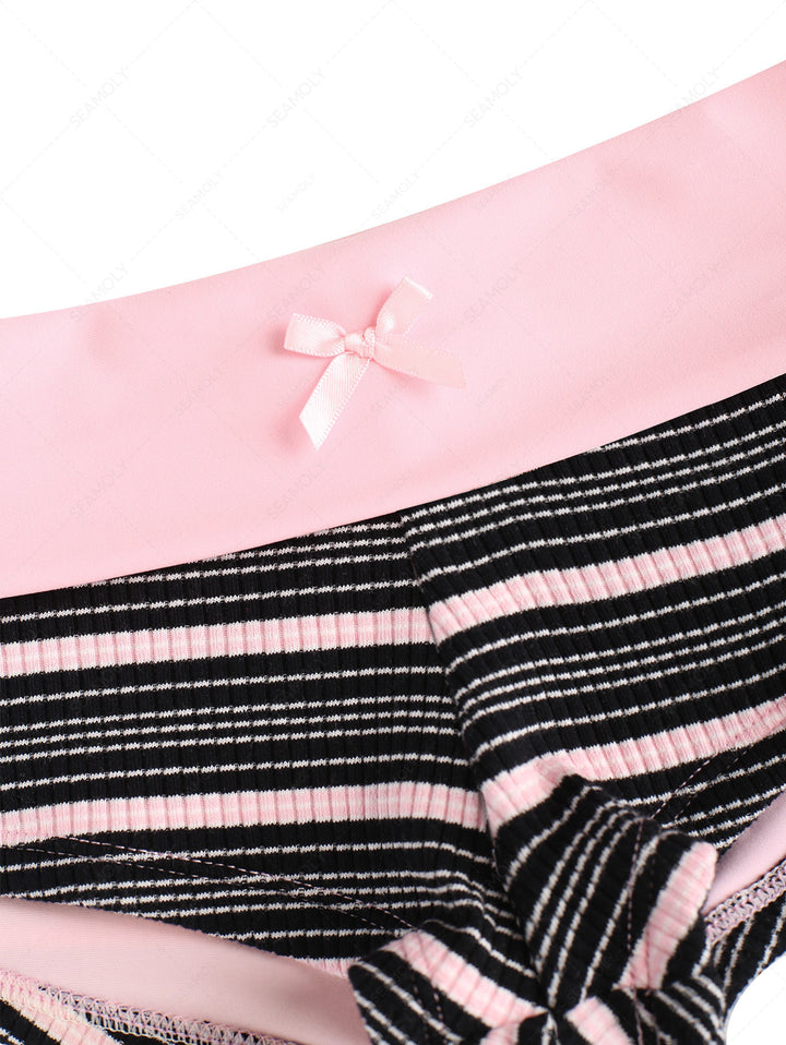 Seamolly Y2K Striped Ribbed Push Up Top & Fold Over Cheeky Boyshorts Bikini Set