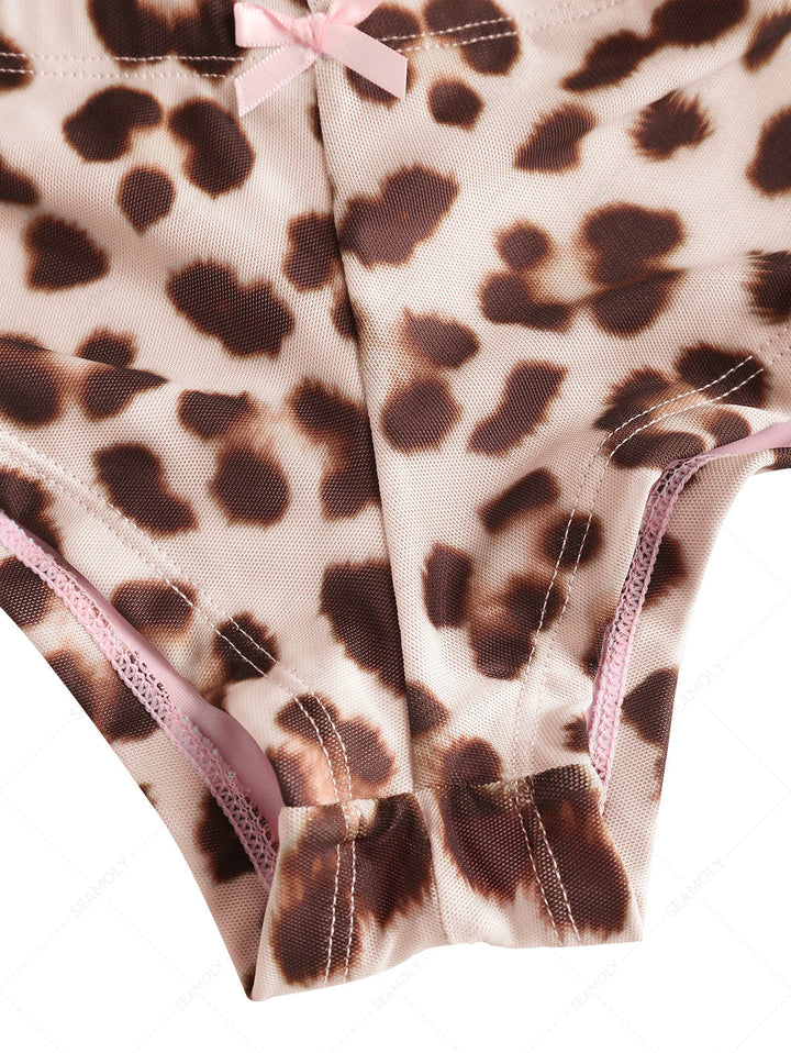 Seamolly 3 Piece Leopard Print Bowknot Contrast Binding Cheeky Boyshort Bikini Set