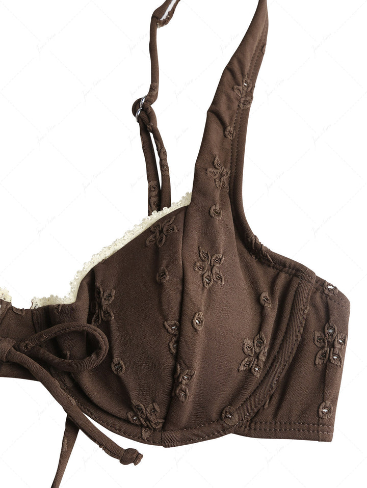 Deep Coffee Recycled Fabric Jacquard Lace Bowknot Underwire Cheeky Boyshorts Bikini Set