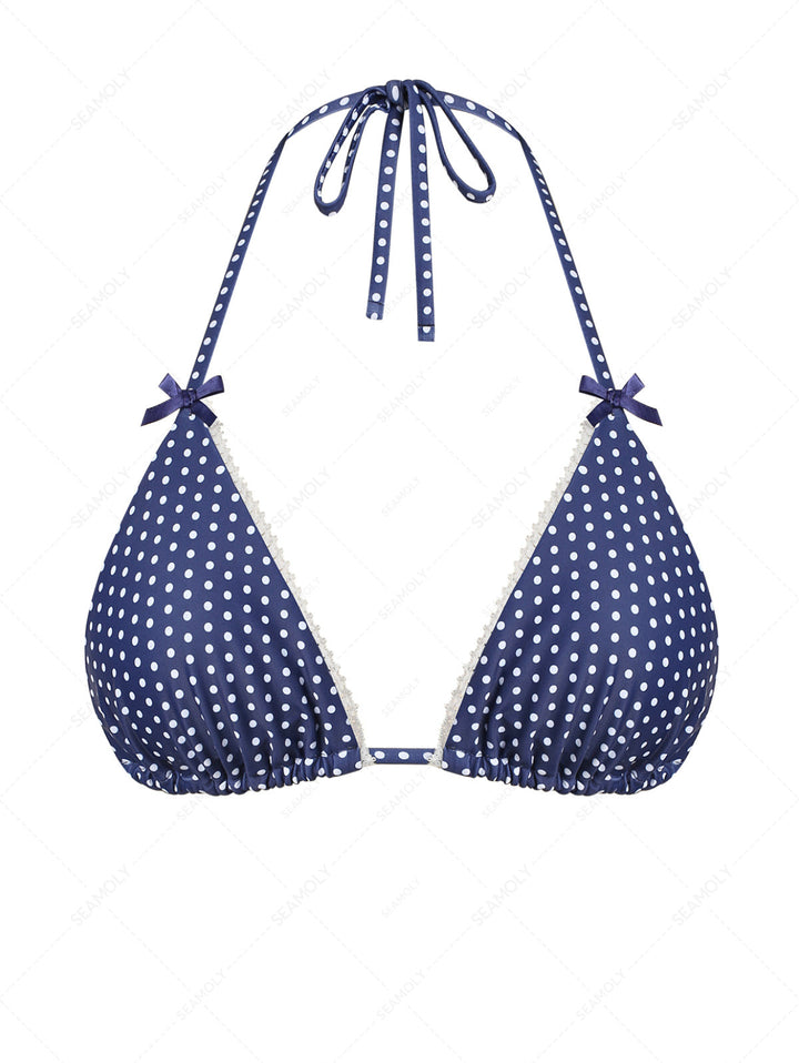 Deep Blue Polka Dots Lace Bowknot Halter Triangle Bikini Top