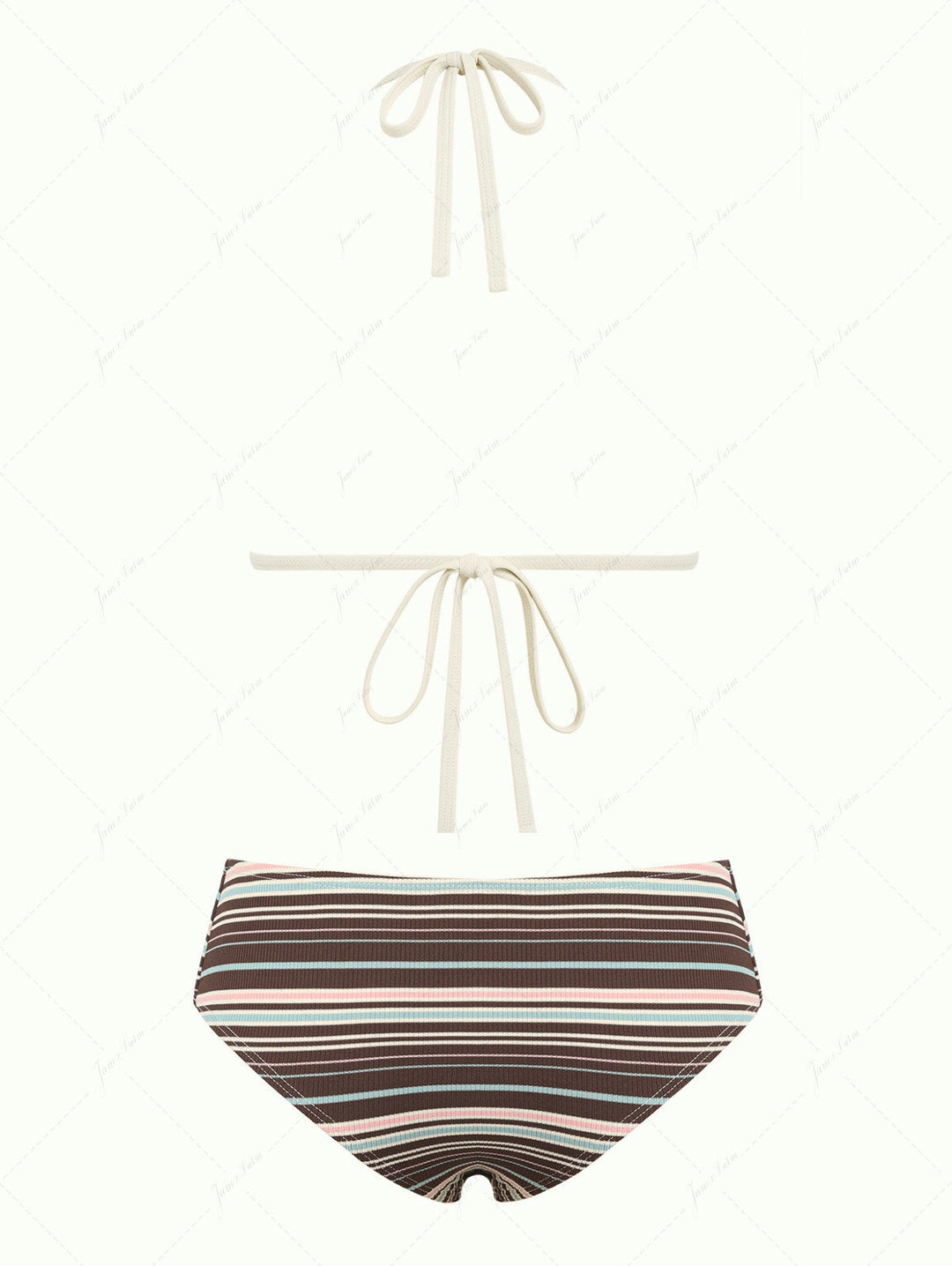 Deep Coffee Ribbed Knit Striped Triangle Push Up Bikini Set